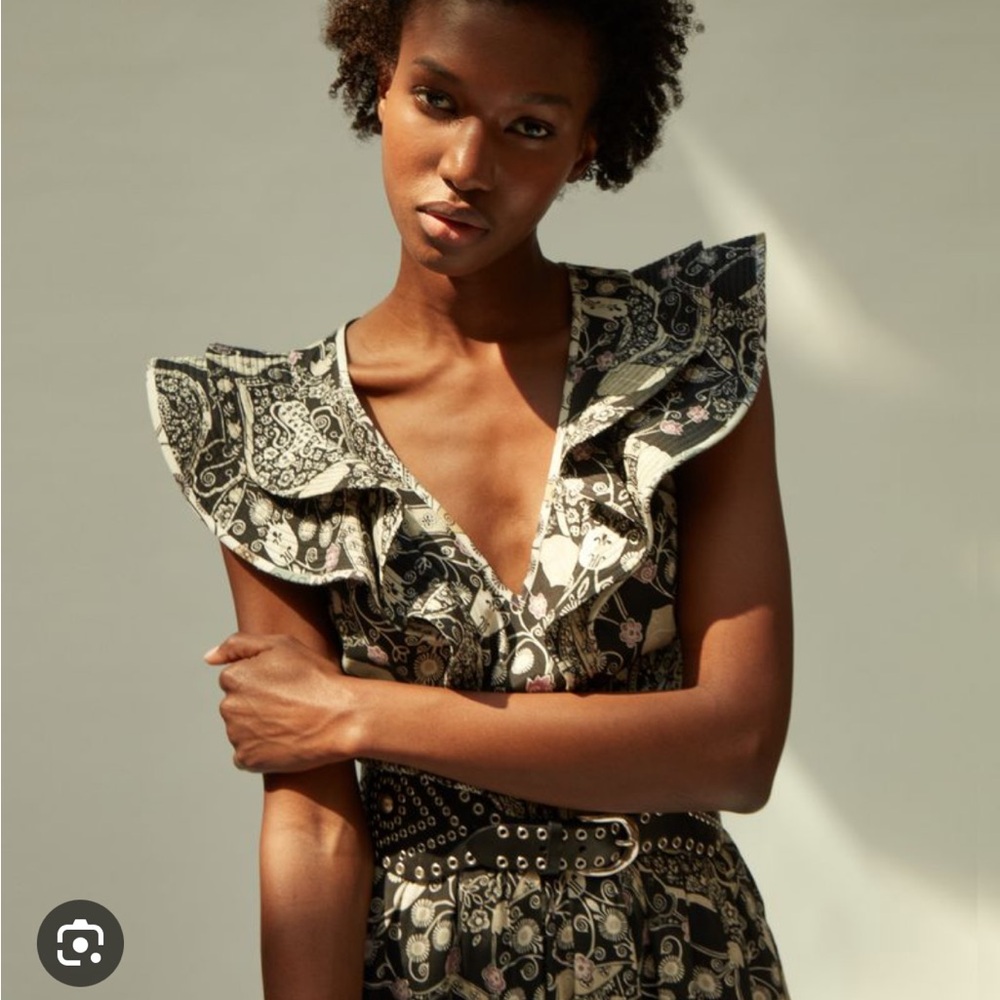 ISABEL MARANT ETOILE Coraline Printed Ruffle Quilted Black White Dress 36